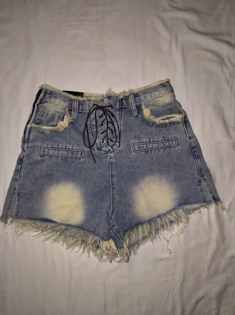High-Waist Lace-Up Distressed Denim Shorts - Light Blue